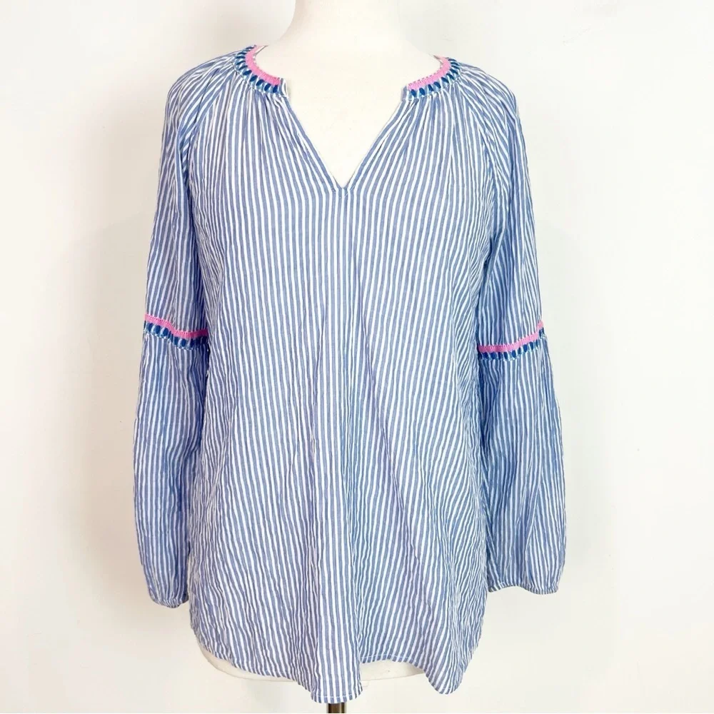 LILLY PULITZER TAELYNN STRIPE TOP COASTAL BLUE V-NECK PEASANT BOHO BLOUSE SMALL - Picture 3 of 8